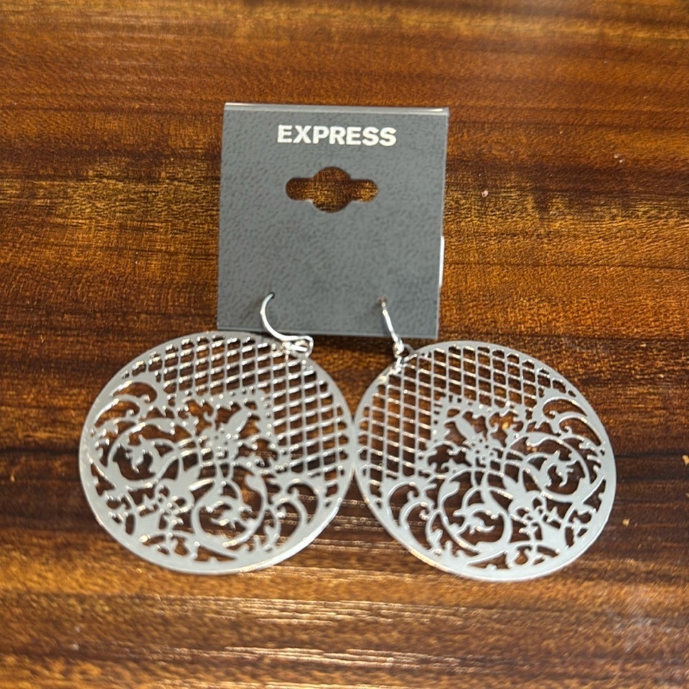 Express Silvertone Lace Style Earrings NWT